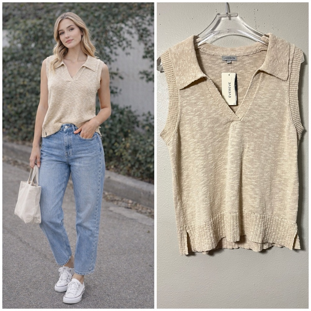 Jamison Loose Knit Beca Collared Polo Pullover V Neck Sweater Vest Beige Size L